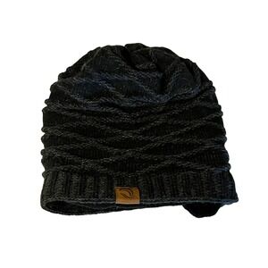 Black Textured Diamond Knit Beanie Fleece Lined Winter Hat Ribbed Cuff Unisex